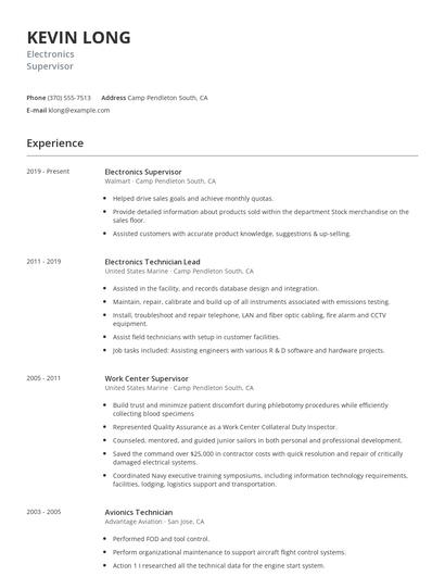 Electronics Supervisor Resume