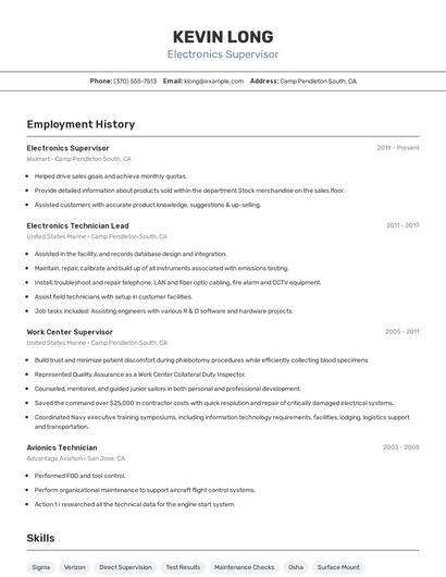 Electronics Supervisor Resume