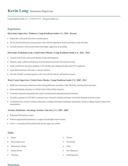 Electronics Supervisor Resume