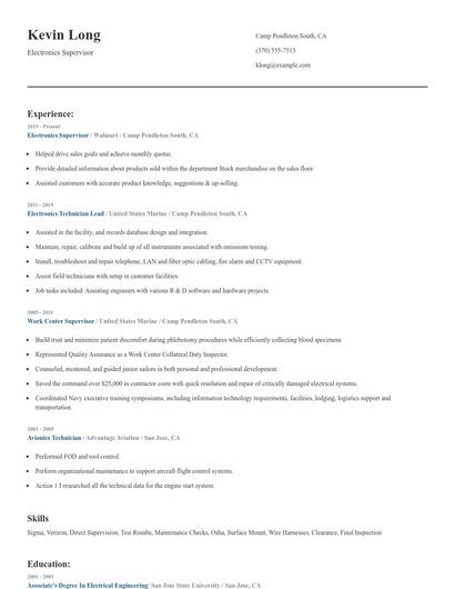Electronics Supervisor Resume