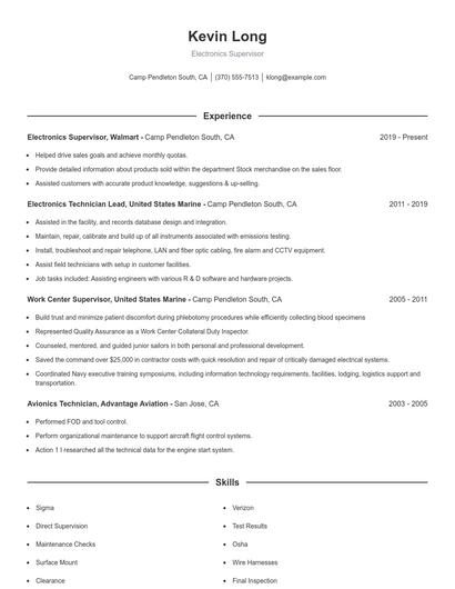 Electronics Supervisor Resume