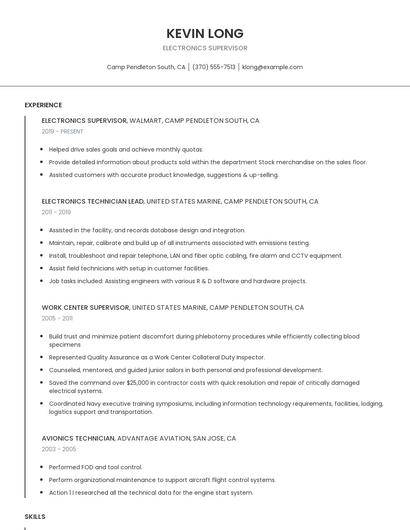 Electronics Supervisor Resume