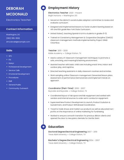 Electronics Teacher Resume