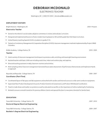 Electronics Teacher Resume