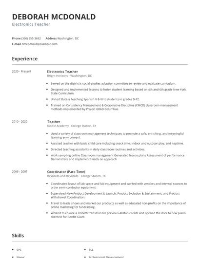 Electronics Teacher Resume