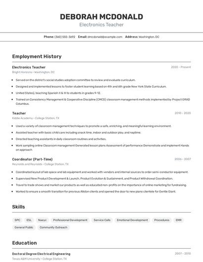Electronics Teacher Resume