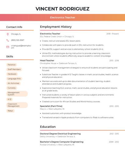 Electronics Teacher Resume