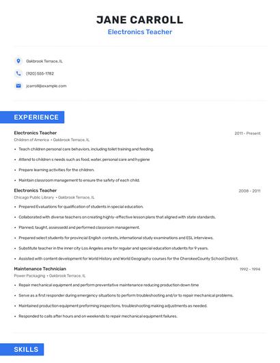 Electronics Teacher Resume