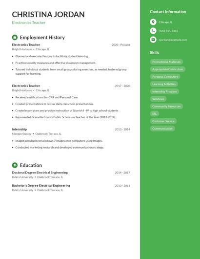 Electronics Teacher Resume