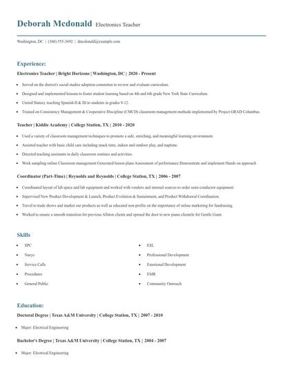 Electronics Teacher Resume