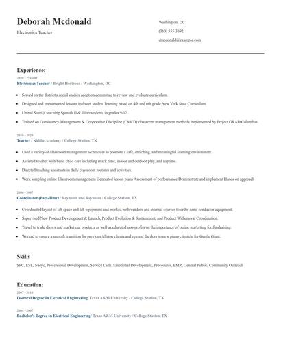 Electronics Teacher Resume