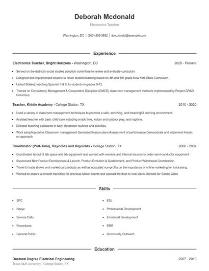 Electronics Teacher Resume