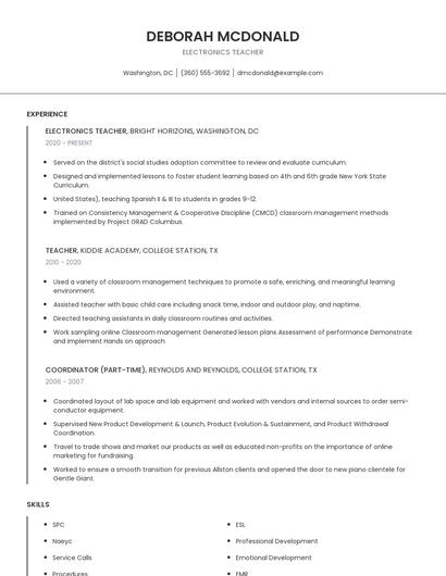 Electronics Teacher Resume