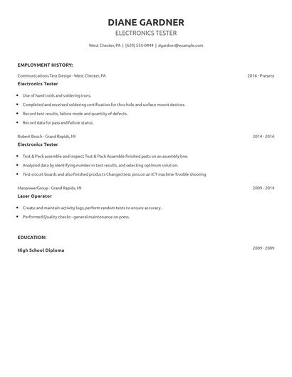Electronics Tester Resume