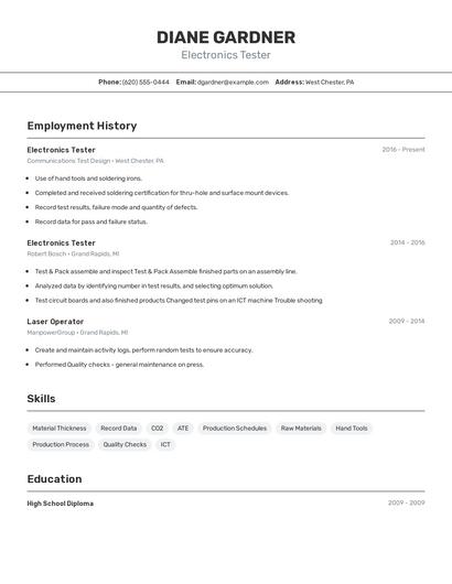 Electronics Tester Resume