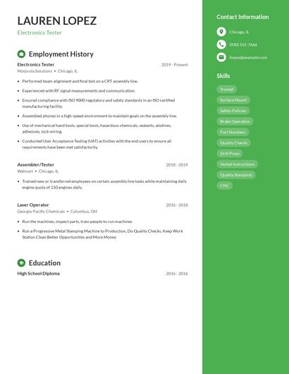 Electronics Tester Resume