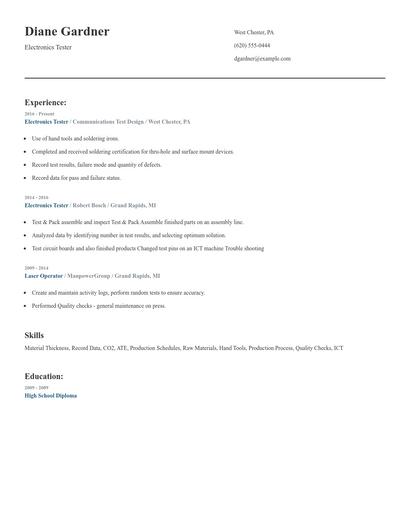 Electronics Tester Resume
