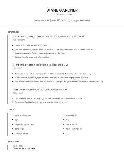 Electronics Tester Resume