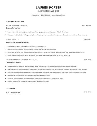 Electronics Worker Resume