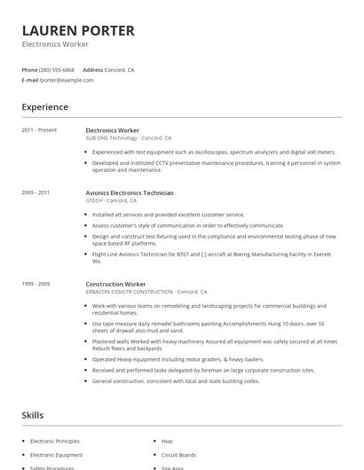 Electronics Worker Resume