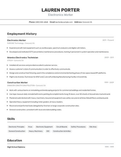 Electronics Worker Resume