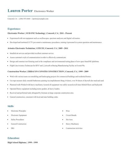 Electronics Worker Resume