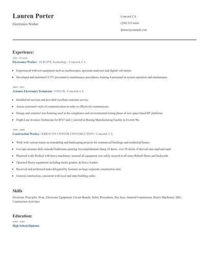 Electronics Worker Resume