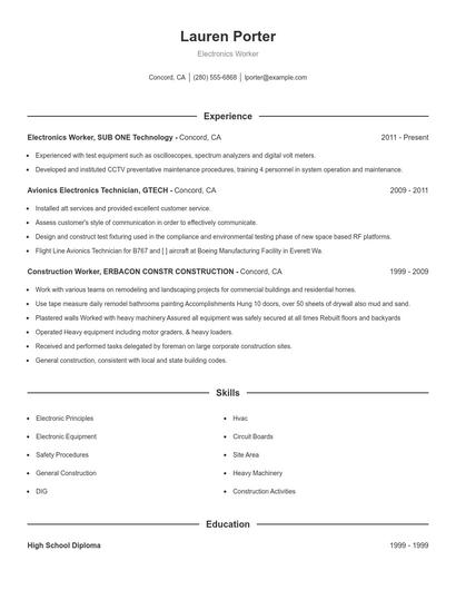 Electronics Worker Resume