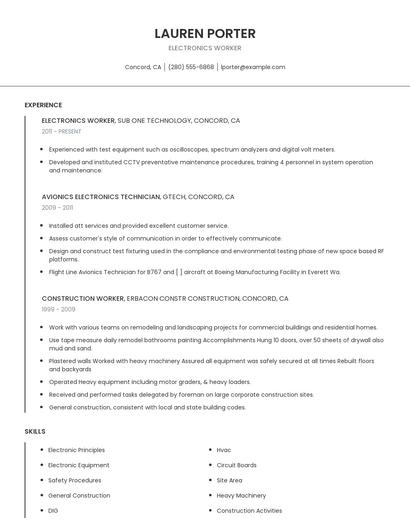 Electronics Worker Resume