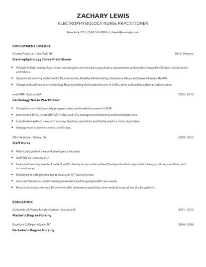 Electrophysiology Nurse Practitioner Resume