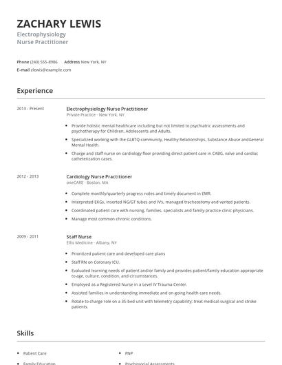 Electrophysiology Nurse Practitioner Resume
