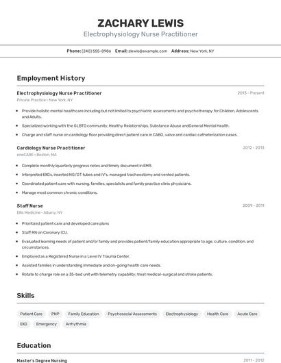Electrophysiology Nurse Practitioner Resume