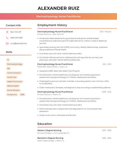 Electrophysiology Nurse Practitioner Resume