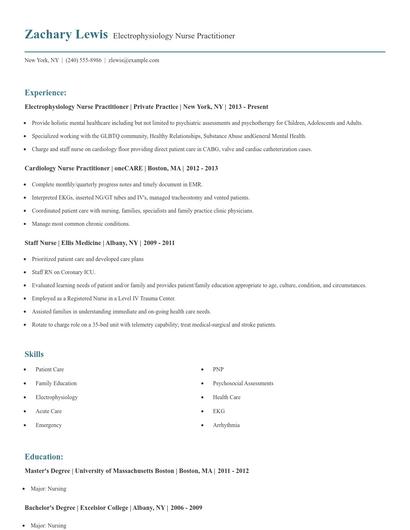Electrophysiology Nurse Practitioner Resume