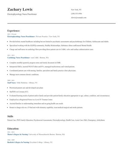 Electrophysiology Nurse Practitioner Resume