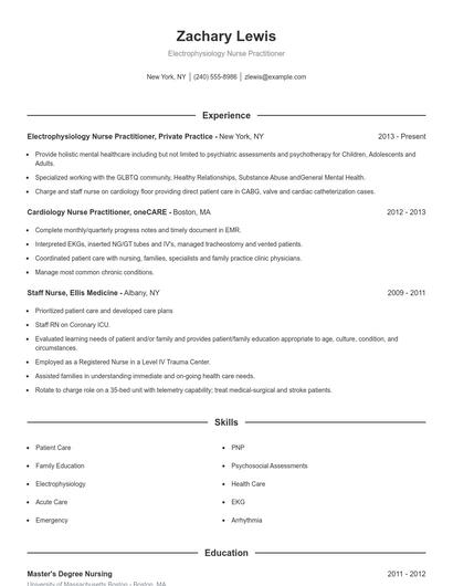 Electrophysiology Nurse Practitioner Resume