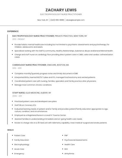 Electrophysiology Nurse Practitioner Resume
