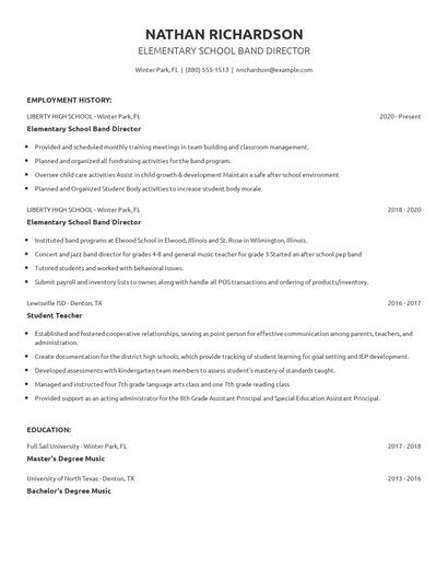 Elementary School Band Director Resume