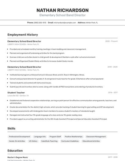 Elementary School Band Director Resume