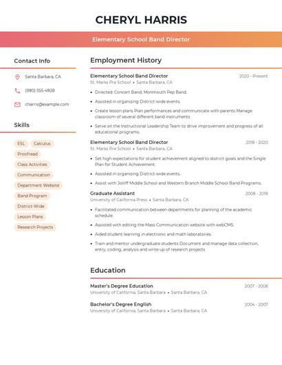 Elementary School Band Director Resume