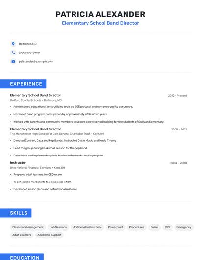Elementary School Band Director Resume