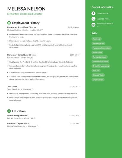 Elementary School Band Director Resume