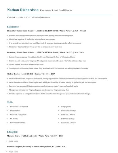 Elementary School Band Director Resume