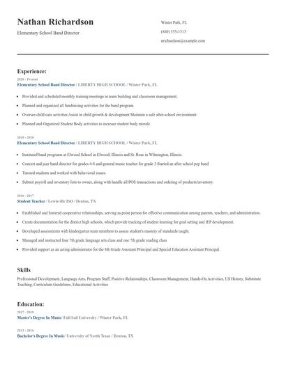 Elementary School Band Director Resume
