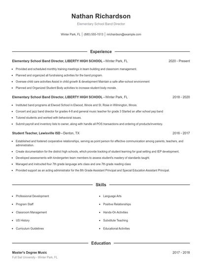 Elementary School Band Director Resume