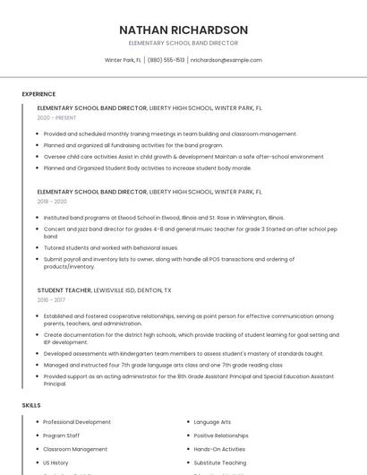 Elementary School Band Director Resume