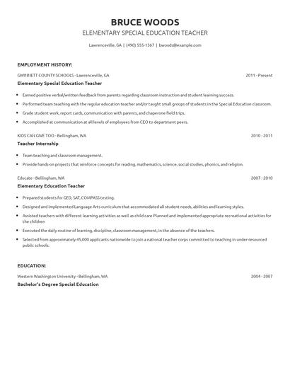 Elementary Special Education Teacher Resume