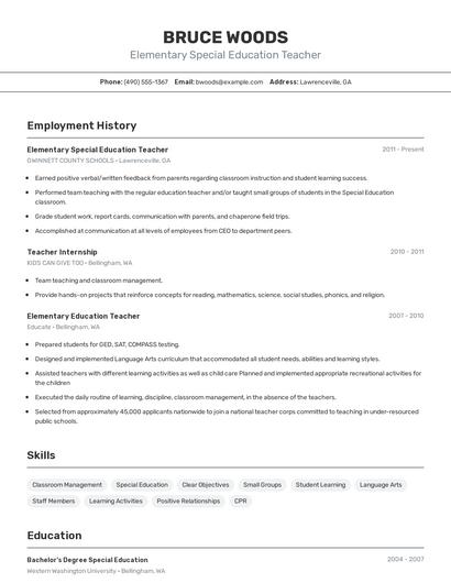 Elementary Special Education Teacher Resume