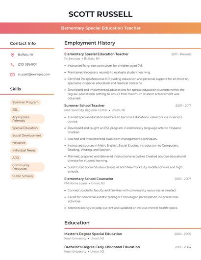 Elementary Special Education Teacher Resume