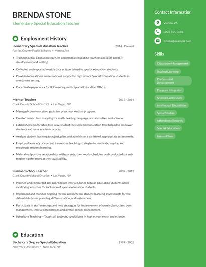 Elementary Special Education Teacher Resume